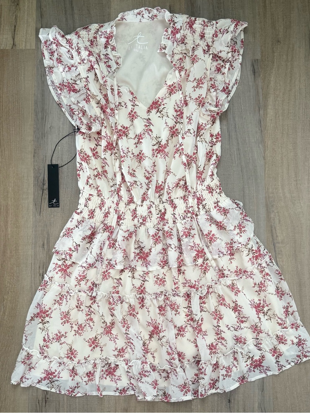 T by Talia Cream Summer Dress Prairie Tiered Skirt Pink Floral Ruffle Trim